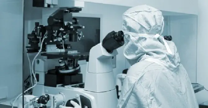 a person is looking at microscope